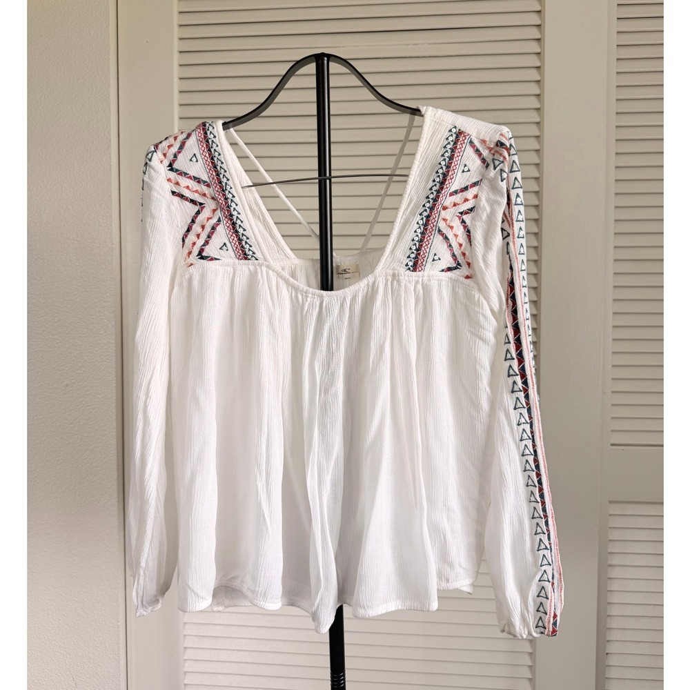O'Neill White Embroidered Sequin Gauze Boho Peasant Top Small Strappy Back